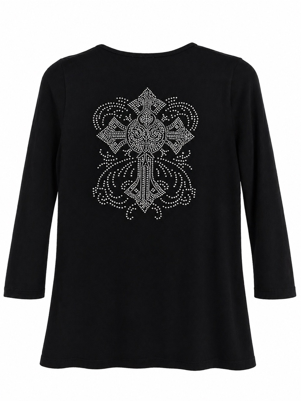 Reba🖤 Black Three Quarter Sleeve Scoop Neck, Silver Rhinestones Cross Motif - Picture 2 of 3